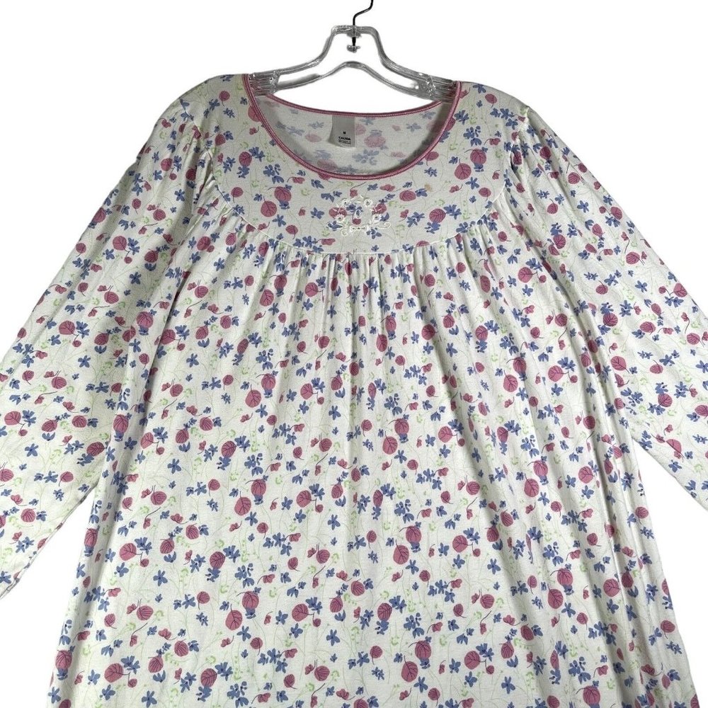 Calida Womens Nightgown Size M White Pink Blue Floral Long Sleeve Cotton 33646 - Picture 2 of 11